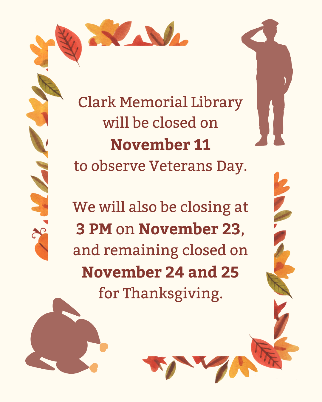Holiday Hours November 2022 Clark Memorial Library
